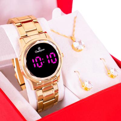 Relógio de Pulso Champion Feminino Digital Dourado CH48019H Colar e Brincos