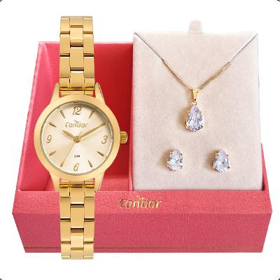 Relógio de Pulso Feminino Pequeno Condor Dourado CO2035MZQ/K4X Colar e Brincos