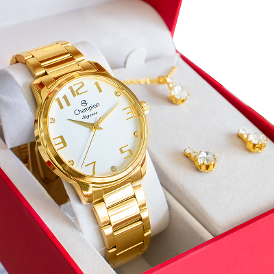Relógio Champion Feminino Dourado Analógico Prova D´agua CN26028W Colar e Brincos