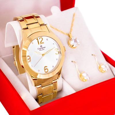 Relógio Champion Feminino Analógico Dourado CH24268D Colar e Brincos Prova D´Agua Garantia de Um Ano