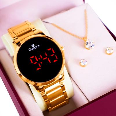 Relógio de Pulso Champion Feminino Digital Dourado CH40142H Colar e Brincos