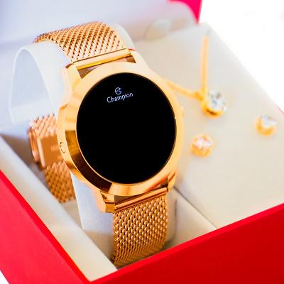 Relógio Champion Feminino Dourado Digital Led Vermelho CH40106H Kit Colar e Brincos
