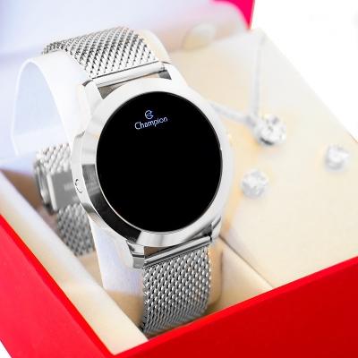 Relógio Champion Feminino Prata Digital Led Vermelho CH40106T Kit Colar e Brincos