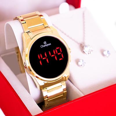 Relógio Feminino Champion Digital Dourado Led Vermelho CH40124H + Colar e Brincos