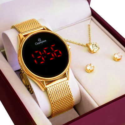 Relógio Champion Feminino Dourado Digital Led Vermelho CH40133V Colar e Brincos