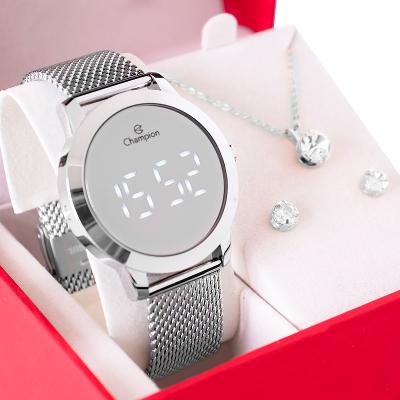 Relógio Feminino Champion Digital Espelhado Pulseira Mesh CH40106S Colar e brincos
