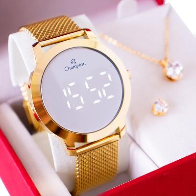 Relógio Feminino Champion Digital Espelhado Pulseira Mesh CH40106B Colar e brincos