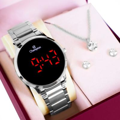 Relógio de Pulso Feminino Champion Digital Led Prata CH40142T Colar e Brincos