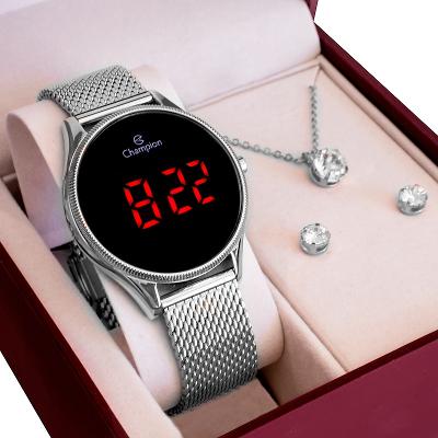 Relógio Feminino Champion Digital Dourado Pulseira Mesh CH40133T Kit Colar e Brincos