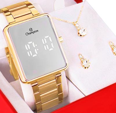 Kit Relógio Champion Feminino Digital Dourado Espelhado Colar Brincos CH40086B