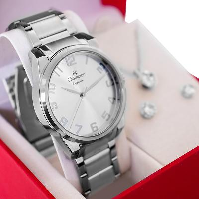 Relógio Feminino Champion Analógico Prata CN27652Q Kit Colar e Brincos