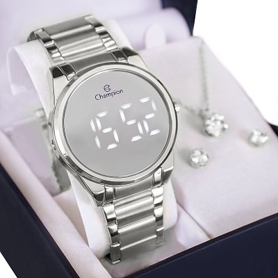 Relógio de Pulso Feminino Champion Digital Espelhado Prata CH40124S Colar e Brincos