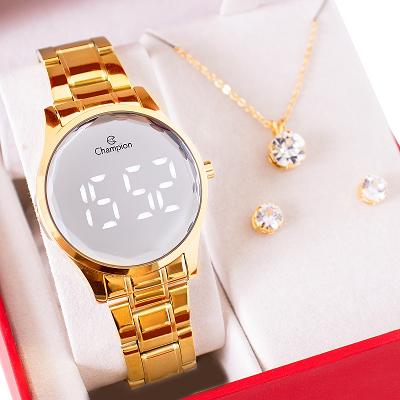 Relógio Feminino Champion Dourado Espelhado Digital CH48019B Kit Colar e Brincos