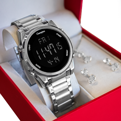 Relógio Champion Feminino Digital Prata CH40071T + Colar e Brincos