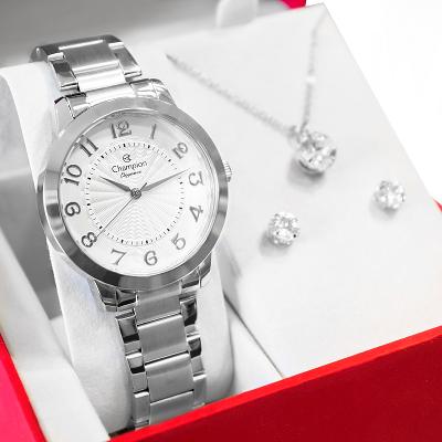 Relógio Feminino Champion Prata Analógico CN25118Q Kit Colar e Brincos