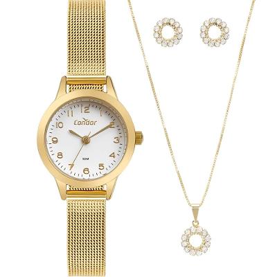Relógio de Pulso Feminino Condor Dourado CO2035MZS/K4X Colar e Brincos