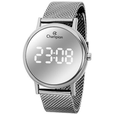 Relógio Feminino Champion Digital Prata Espelhado Pulseira Mesh CH40179S Colar e Brincos