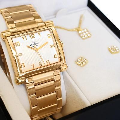 Relógio Champion Feminino Quadrado Dourado CN25369W + Colar e Brincos