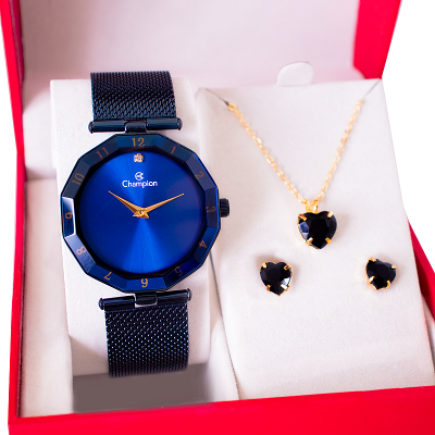 Relógio Feminino Champion Analógico Pulseira Mesh CN20864K Kit Colar e Brincos