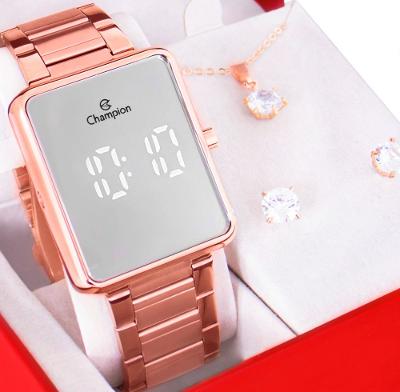 Kit Relógio Champion Feminino Digital Rose Espelhado Colar Brincos CH40086Z
