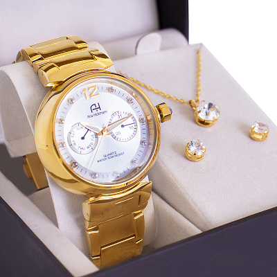Relógio Champion Ana Hickmann Feminino Dourado AH30175H Kit Colar e Brincos