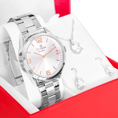 Relógio Champion Feminino Prata Prova D´Agua + Kit de Brincos e Colar Garantia De Um Ano CN29893Q