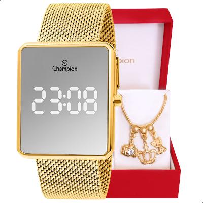 Relógio Feminino Champion Digital Espelhado Dourado CH40083B + Pulseira Berloques
