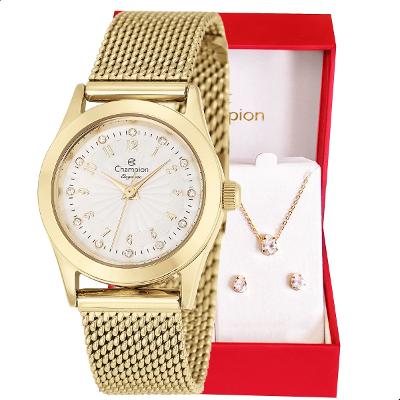 Relógio de Pulso Feminino Champion Mesh Dourado Mini CF24000O + Colar e Brincos