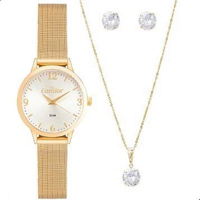 Relógio de Pulso Feminino Pequeno Condor Dourado CO2035NCV/K4K Colar e Brincos