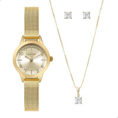 Relógio de Pulso Feminino Pequeno Condor Dourado CO2035NHW/K4X Colar e Brincos