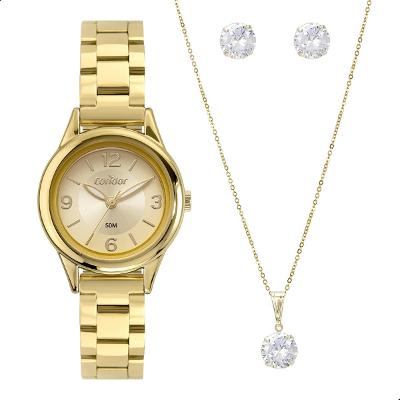 Relógio de Pulso Feminino Pequeno Condor Dourado CO2035NAQ/K4X Colar e Brincos