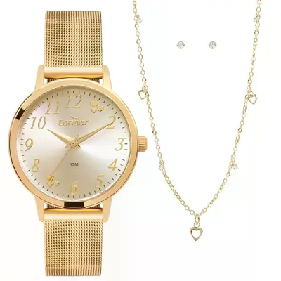 Relógio de Pulso Feminino Condor Dourado CO2035NDP/K4X Colar e Brincos