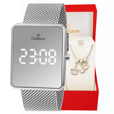 Relógio Feminino Champion Digital Espelhado Prata CH40083S + Pulseira Berloques
