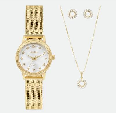Relógio de Pulso Feminino Pequeno Condor Dourado CO2035NEN/K4D Colar e Brincos