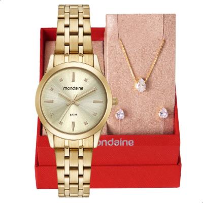 Relógio Feminino Mondaine Dourado Pequeno 32608LPMKDE1K4 + Colar e Brincos
