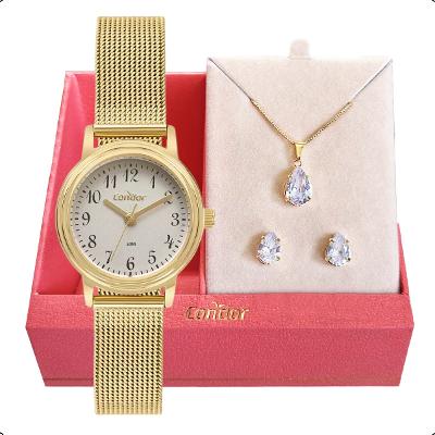 Relógio de Pulso Feminino Pequeno Condor Dourado CO2035NCD/K4C Colar e Brincos