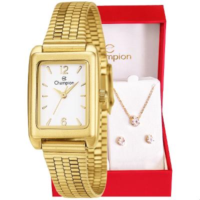 Relógio Feminino Champion Dourado Pequeno CF24028H + Colar e Brincos