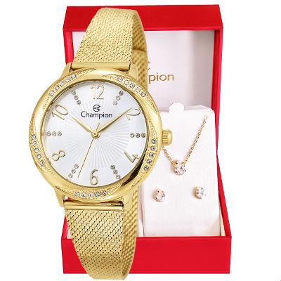Relógio Feminino Champion Analógico Dourado CF24251H + Colar e Brincos