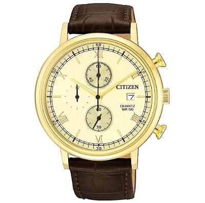 Relógio Masculino Citizen Dourado Couro Cronógrafo TZ21143X