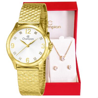 Relógio Feminino Champion Analógico Dourado Pequeno CF24117H + Colar e Brincos