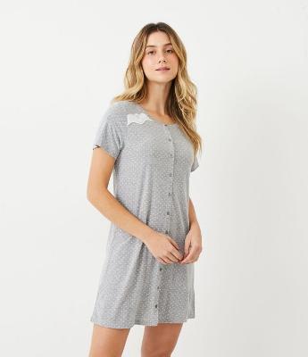 Camisola Curta em Viscolycra com Estampa Poá e Detalhe em Renda