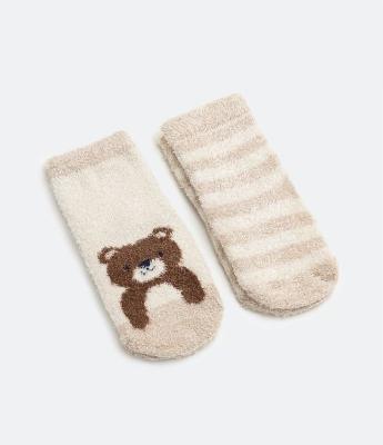 Kit 02 Pares de Meias Infantis em Chenille com Estampa Ursinho - Tam 0 A 18 meses