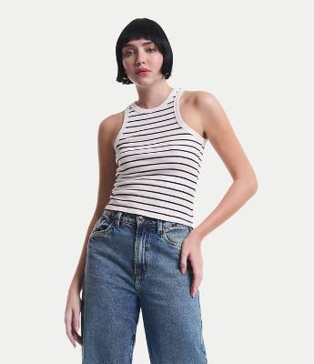 Blusa Regata Básica em Ribana Listrada