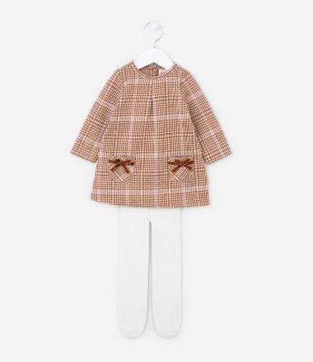 Vestido Infantil com Estampa Pied Poule e Meia-Calça - Tam 0 a 18 meses