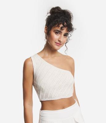 Blusa Cropped em Tricô com Um Ombro Só