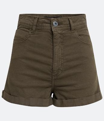 Short em Sarja com Cintura Alta e Barra Dobrada