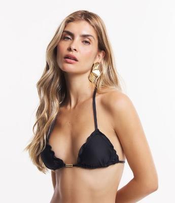 Biquíni Top Cortininha com Frufru nas Bordas e Detalhe Dourado