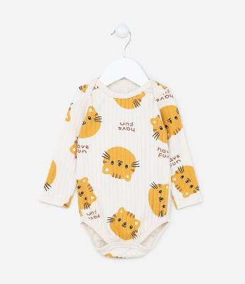Body Longo Infantil em Meia Malha com Estampa de Tigrinho - Tam 0 a 18 meses