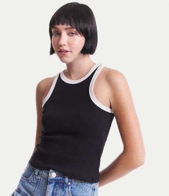 Blusa Regata em Ribana com Cava Contrastante