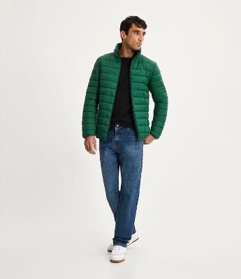 Calça Reta Básica Jeans Denim e Pesponto Contrastante